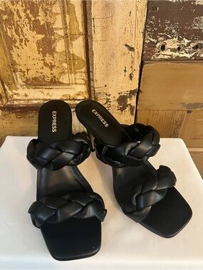 Express | Braided Double Strap Mule Heels | Black Stiletto Sandals | Size 8 NWOB